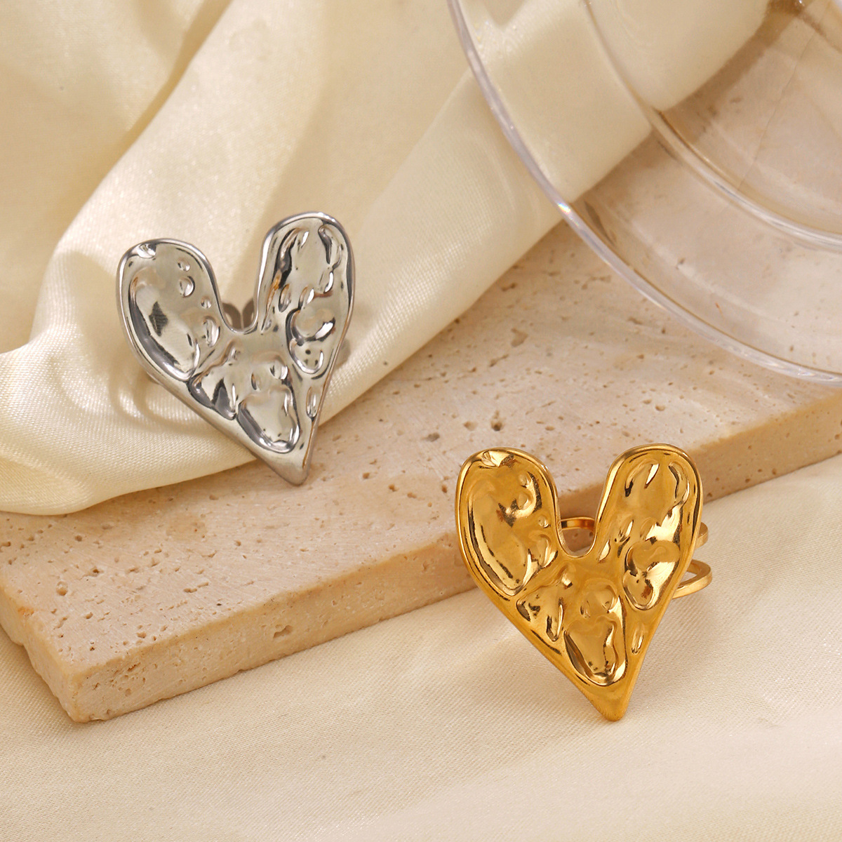 Women's Pleated Texture Love Heart Ring Stainless Steel